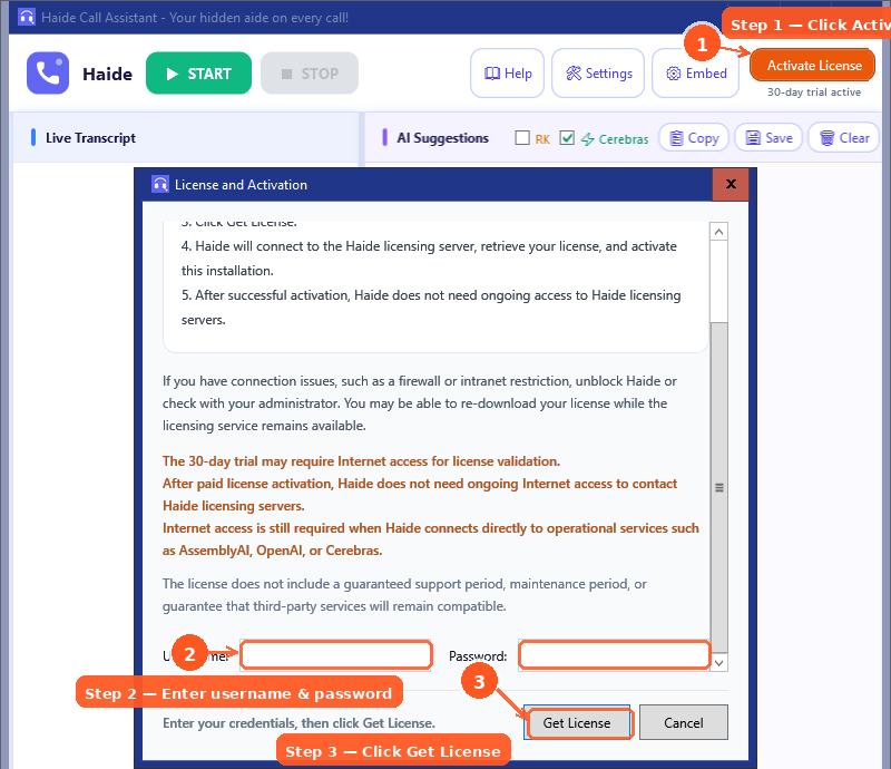 Haide License and Activation popup with username, password, and Get License controls.