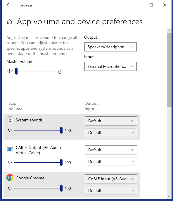 Windows Volume Mixer with Google Chrome output set to VB-CABLE Input.