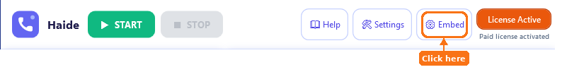Haide AI Call Assistant settings screen showing the documents folder and Embed button.