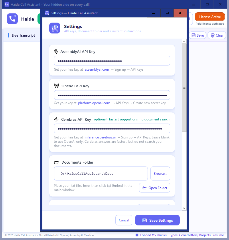 Haide AI Call Assistant settings screen for AssemblyAI, OpenAI, and Cerebras API keys.
