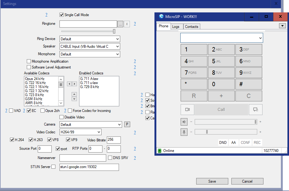 MicroSIP speaker settings with output routed to VB-CABLE Input.
