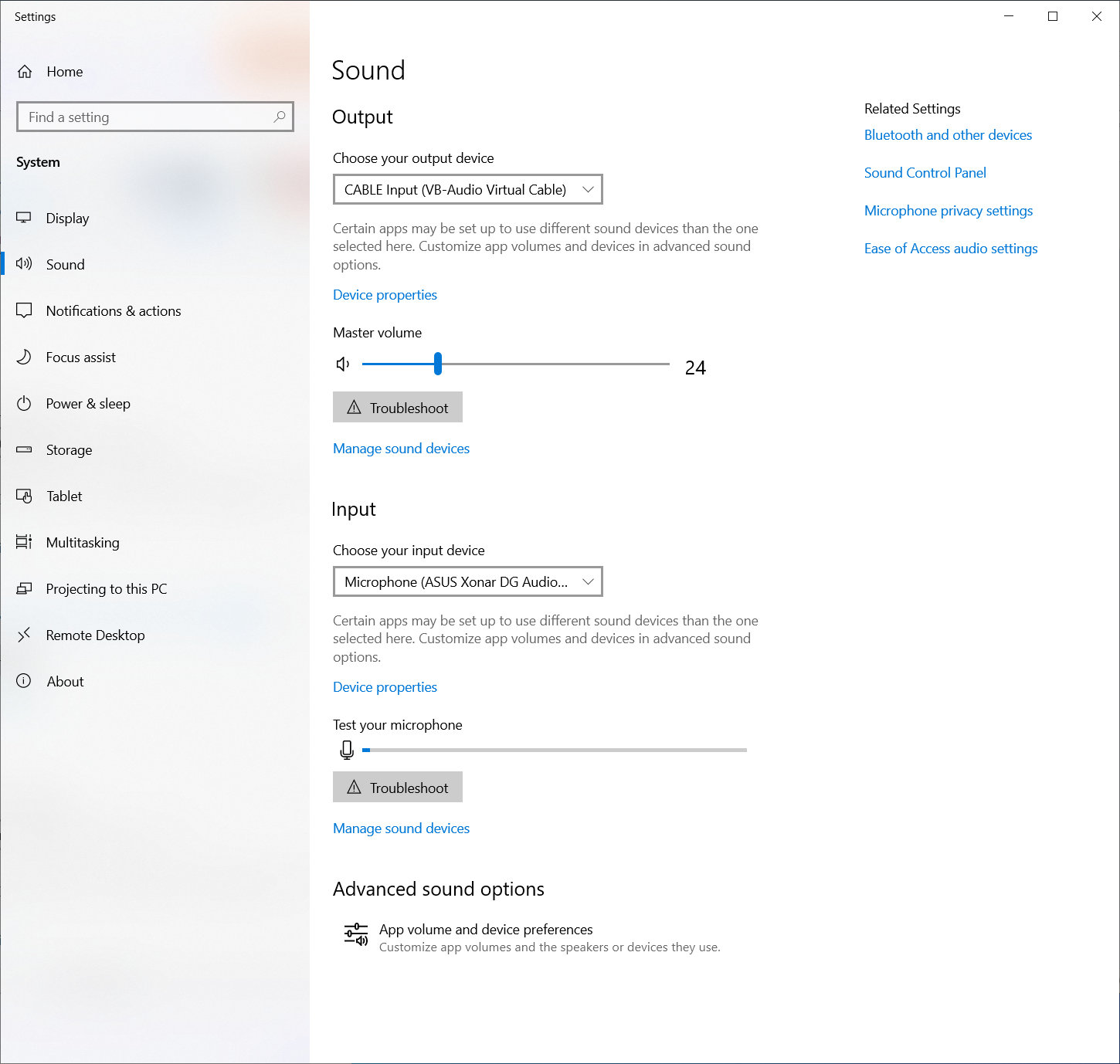 Windows Sound settings with VB-CABLE Input selected as the default output device.