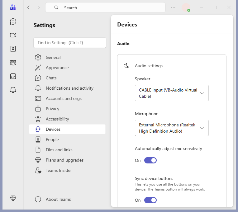 Microsoft Teams audio settings with speaker output routed to VB-CABLE Input.