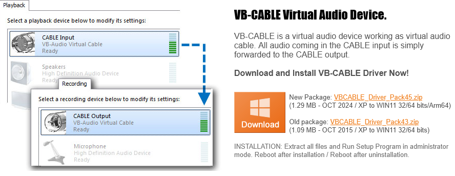 VB-Audio Virtual Cable driver download page.
