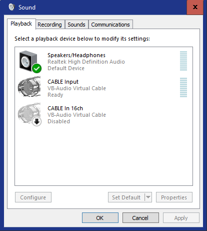 Windows playback devices showing VB-CABLE Input from VB-Audio Virtual Cable.