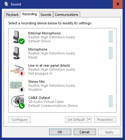 Windows recording devices showing VB-CABLE Output from VB-Audio Virtual Cable.