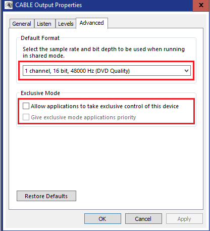 Recommended VB-CABLE Output default format and exclusive mode settings.