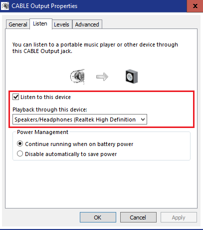 VB-CABLE Output Listen tab showing the playback-through-device selection.