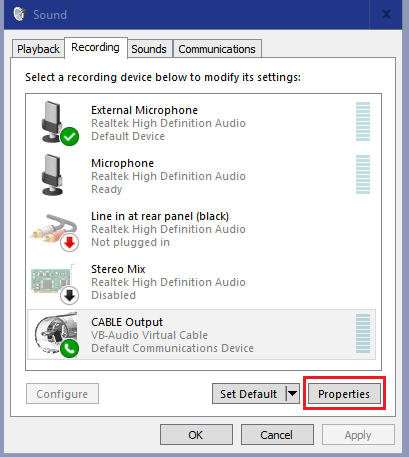 Sound Recording tab to select VB-CABLE Output Properties.