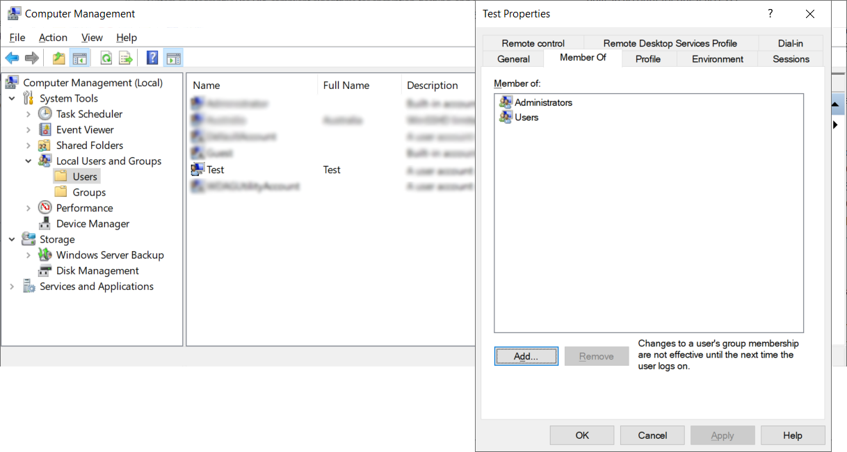 Windows user account properties, with Administrators listed on the Member Of tab.