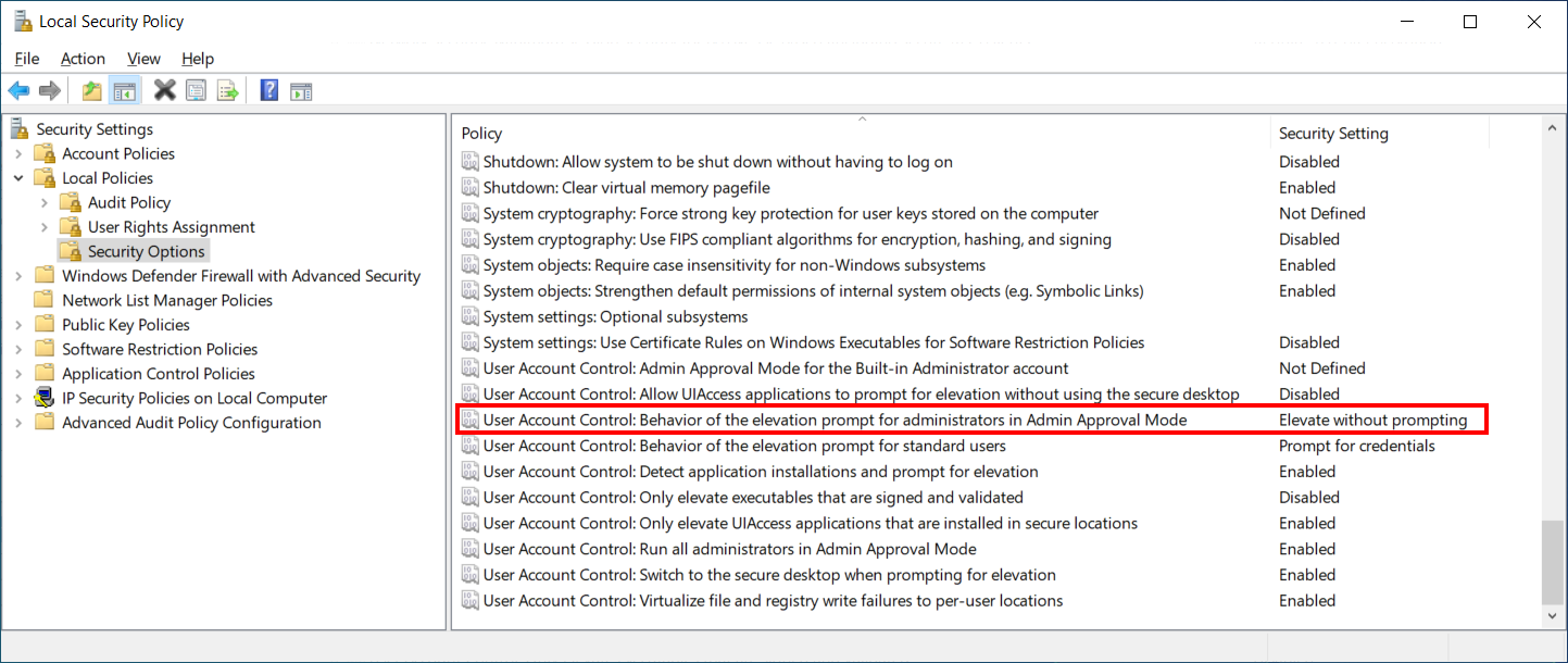 Windows Local Security Policy showing the administrator elevation prompt policy and the Elevate without prompting option.